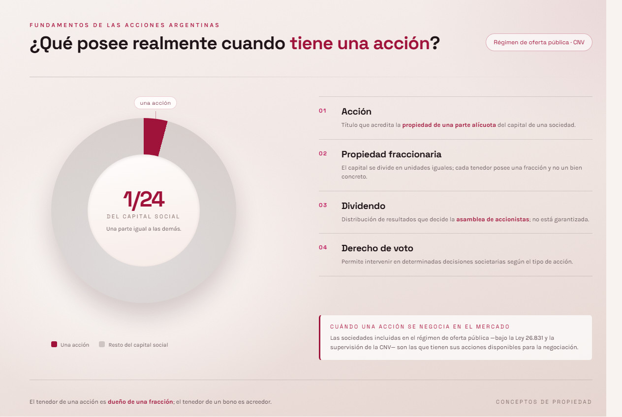 Ilustración del concepto de propiedad accionaria y de las acciones en formato educativo
